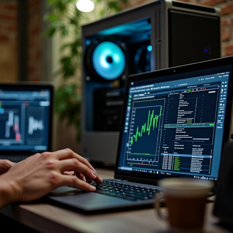 Técnico diagnosticando problema de hardware com software de análise.