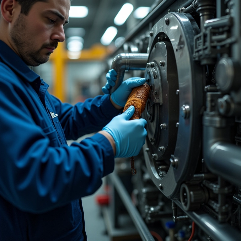 Técnico realizando manutenção preventiva em máquina.