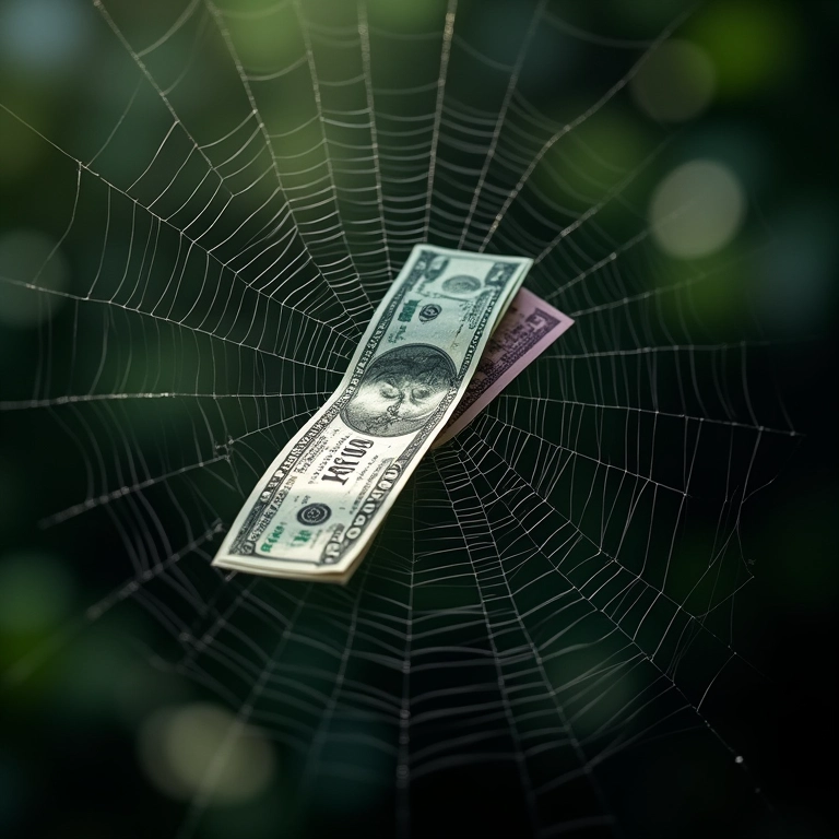 Teia de aranha com dinheiro e documentos, representando os crimes onde a delação é usada.