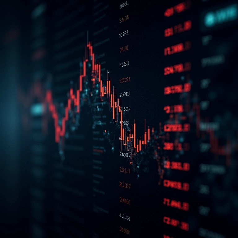 Tela da bolsa de valores com números flutuantes e padrão fractal.