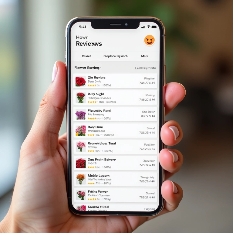 Tela de celular exibindo mini-review de floriculturas com entrega no mesmo dia.