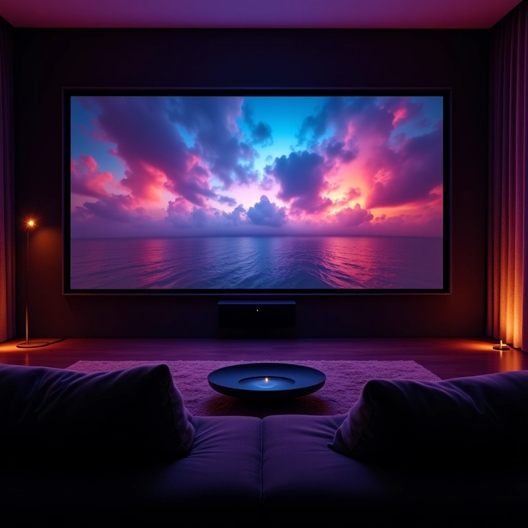 Tela gigante com projeção a laser em sala de cinema residencial.