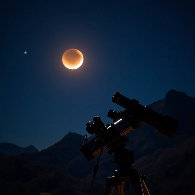 Telescópio e binóculos preparados para a observação de um eclipse lunar.