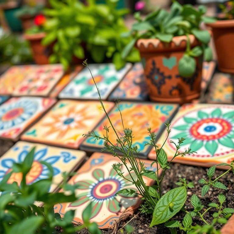 Telhas decoradas com pinturas vibrantes personalizam a horta.