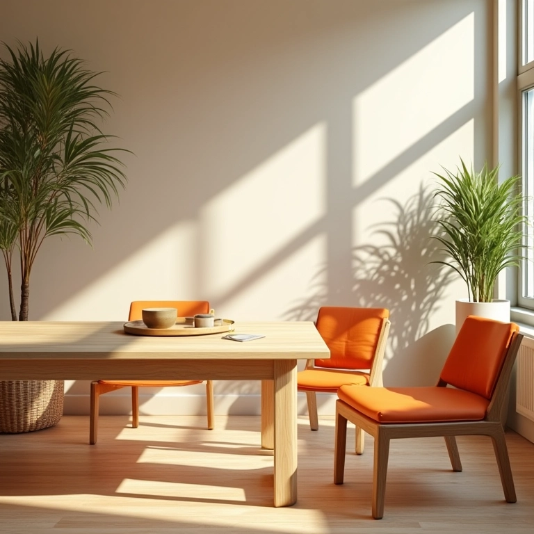 Temakeria com cores claras, mesas de madeira e elementos naturais.