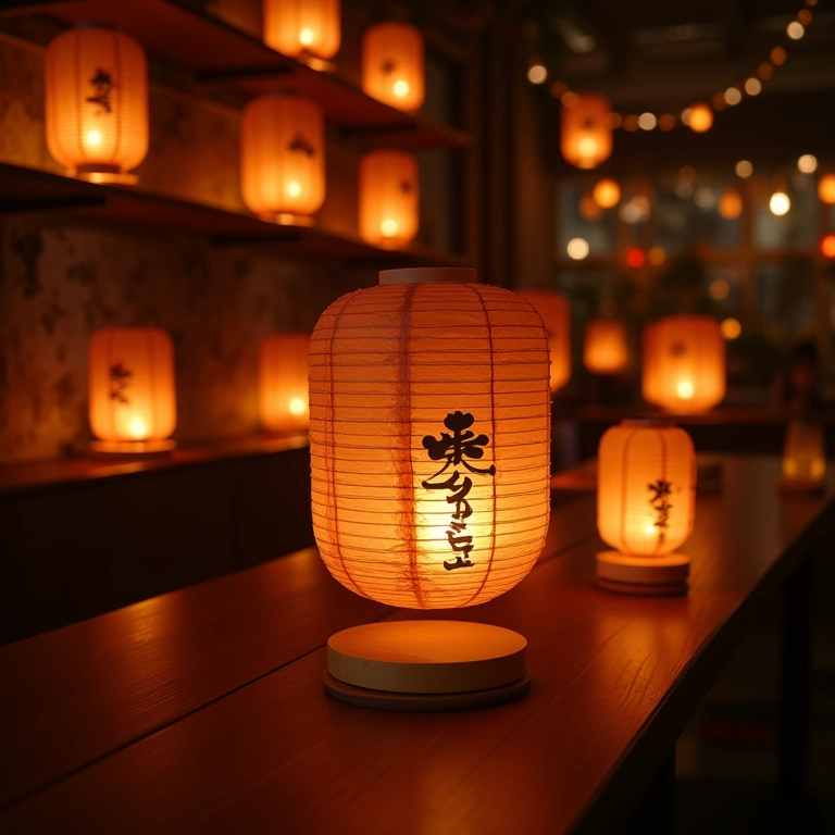 Temakeria com iluminação aconchegante e luminárias orientais.