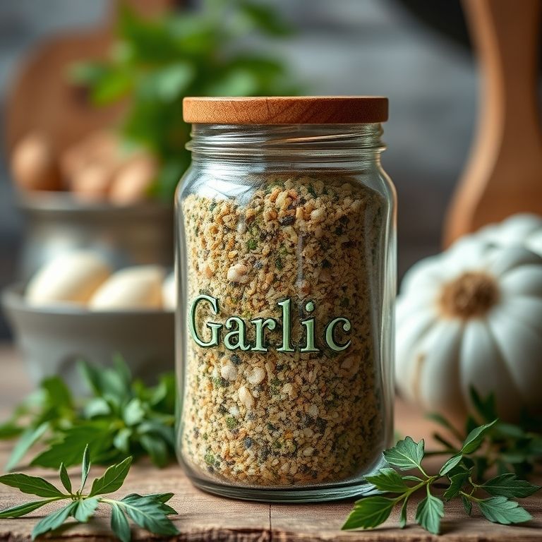 Tempero caseiro de alho e ervas finas em pote de vidro.