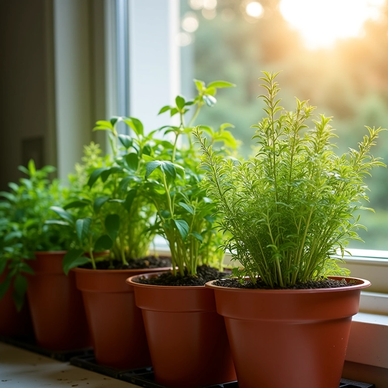 Temperos frescos na cozinha com irrigação automática.
