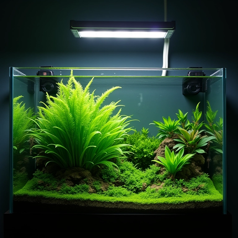 Temporizador controlando luz de LED em aquário plantado.