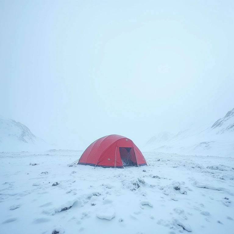 Tenda isolada na neve, representando o isolamento e dificuldade de resgate.