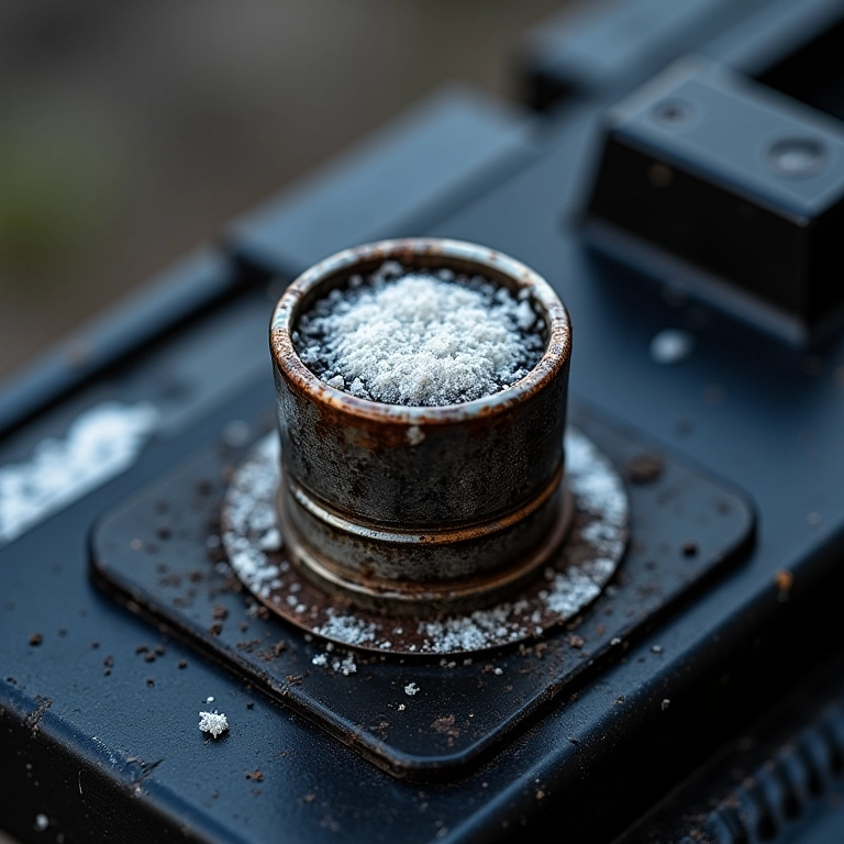 Terminal de bateria de carro corroído com depósitos brancos.