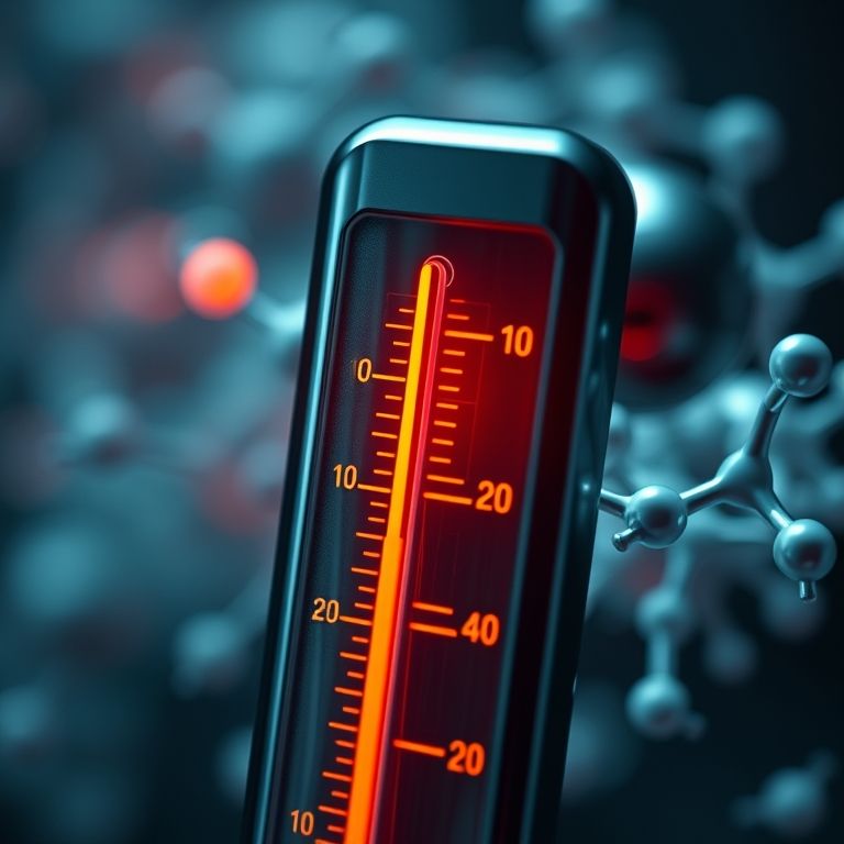 Termômetro digital mostrando temperaturas diferentes e agitação molecular.