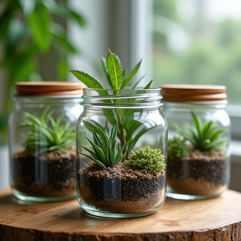 Terrários criativos em potes de vidro com suculentas e miniaturas.