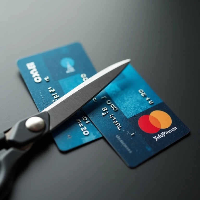 Tesoura cortando um cartão de crédito, eliminando dívidas.