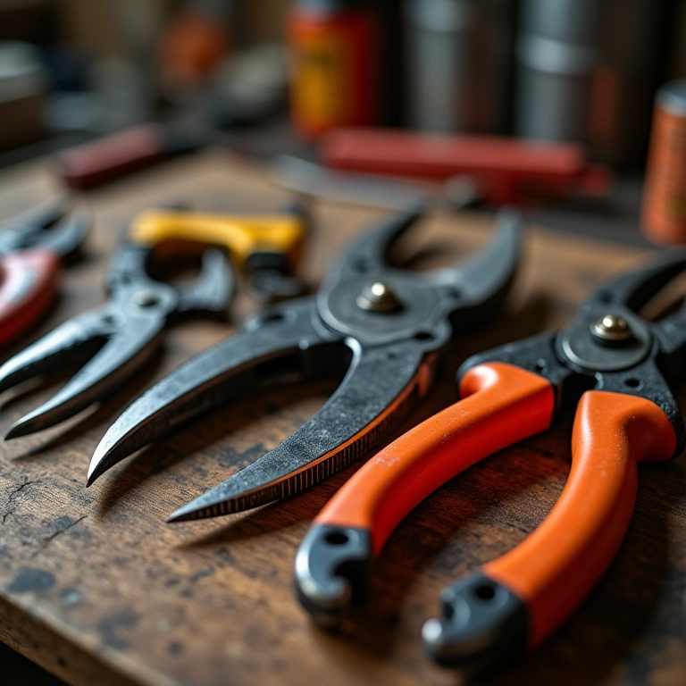 Tesouras de poda organizadas em uma bancada.