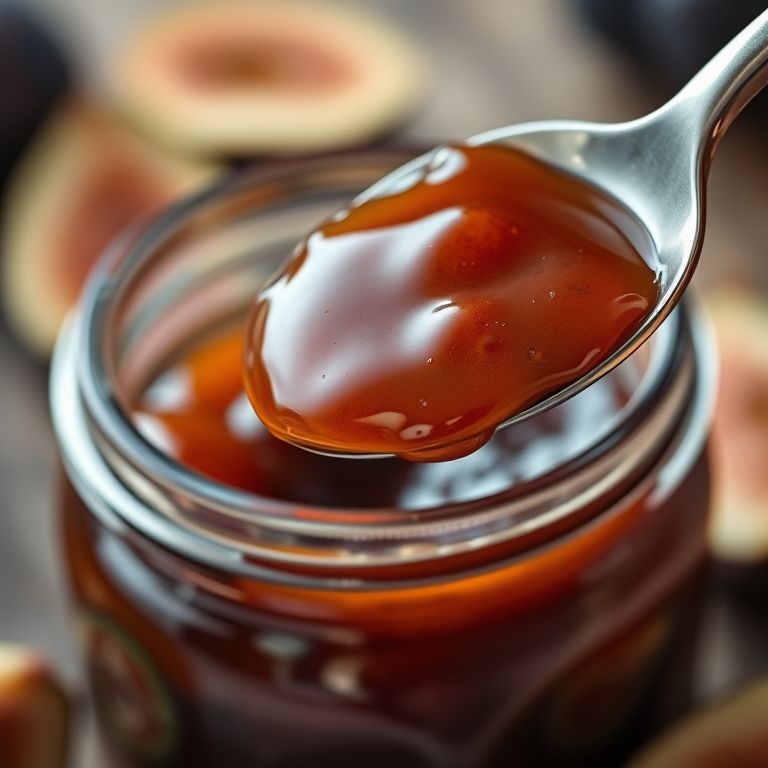 Teste do ponto da geleia de figo caseira com uma colher.