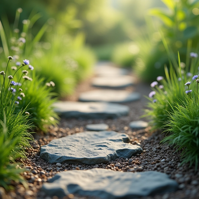 Texturas variadas em um jardim sensorial: gramas macias, pedras lisas e cascas ásperas.