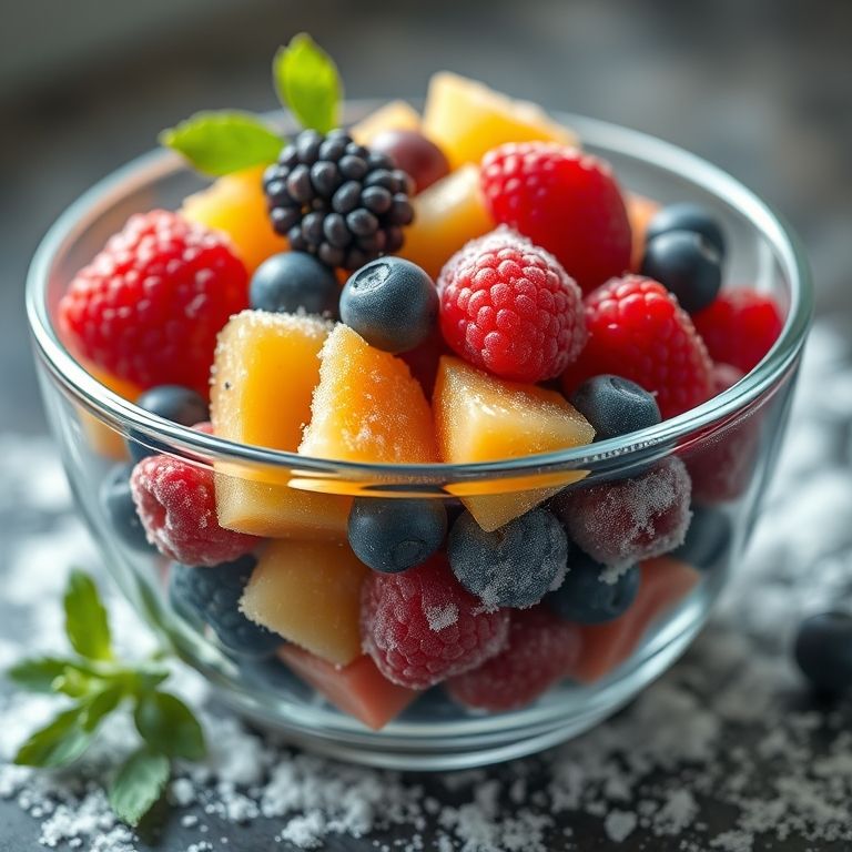 Tigela de frutas vermelhas descongelando, cores vibrantes.