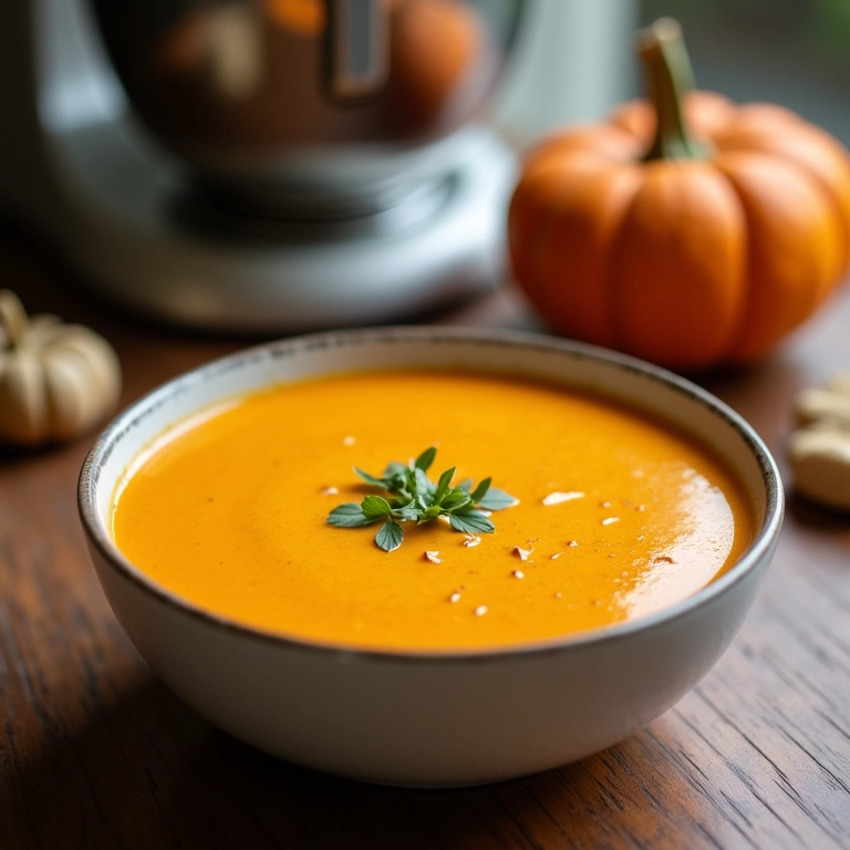 Tigela de sopa creme de abóbora com gengibre.
