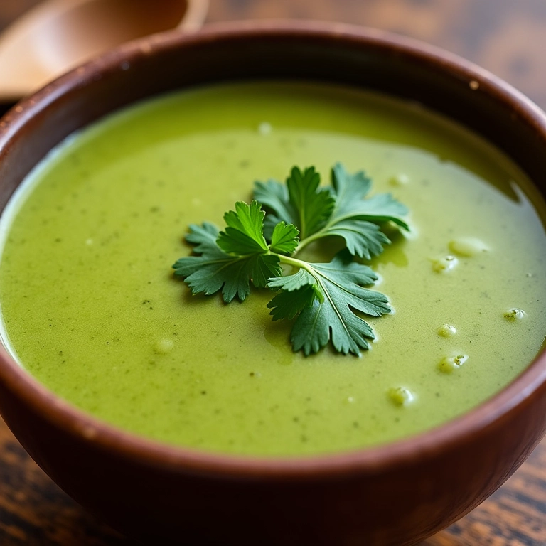 Tigela de sopa creme de chuchu com gengibre, decorada com coentro fresco.