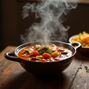Tigela fumegante de caldo de carne com legumes em mesa rústica.