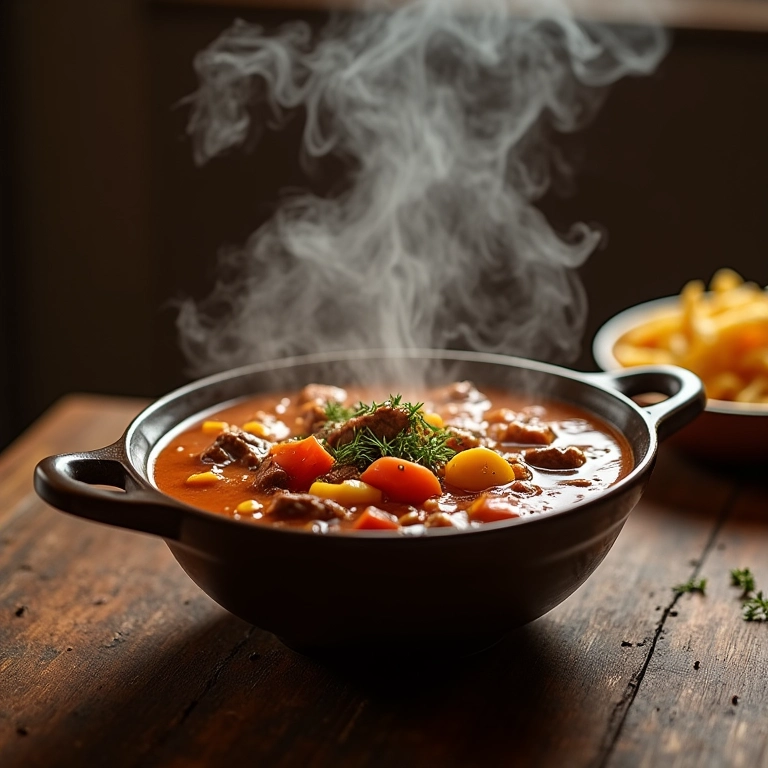 Caldos de Carne Com Legumes Quentinhos e Reconfortantes Tigela fumegante de caldo de carne com legumes em mesa rústica.