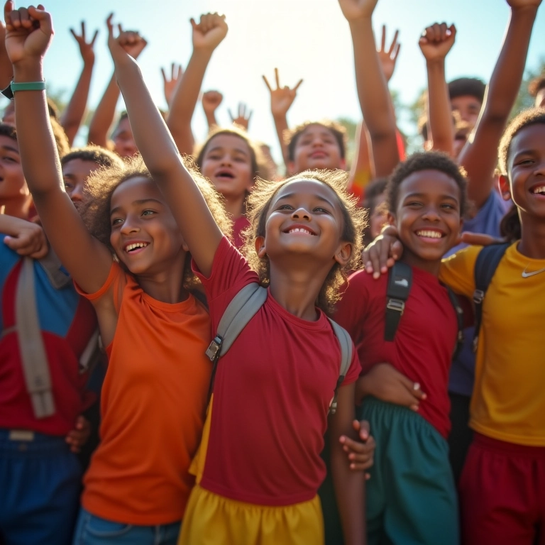 Time diverso celebrando vitória, demonstrando espírito de equipe.