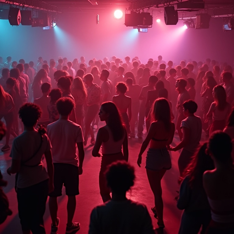 Timelapse de pista de dança ao longo dos anos, mostrando a popularidade do reggaeton.