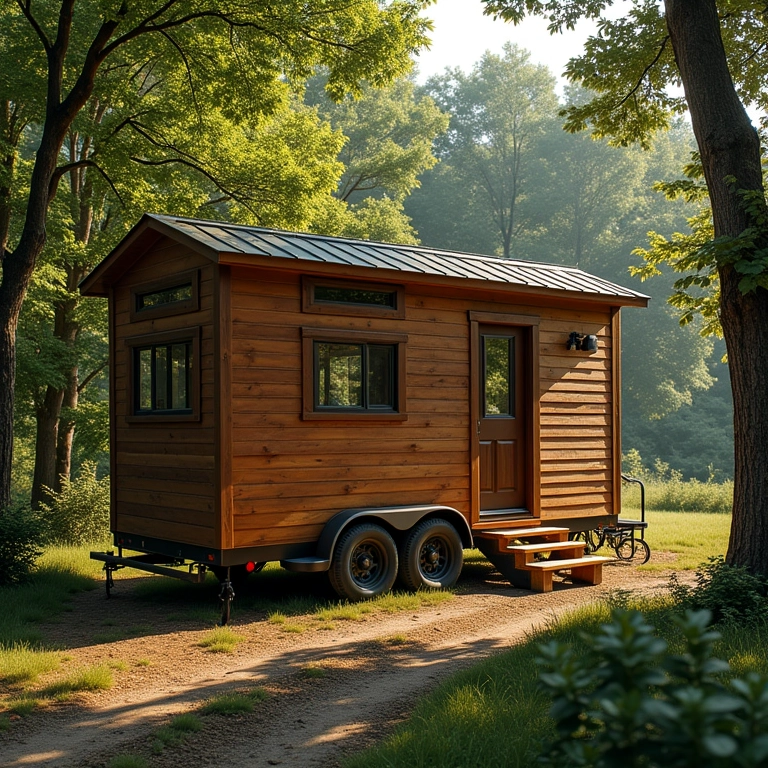 Tiny house sobre rodas estacionada em um terreno particular.