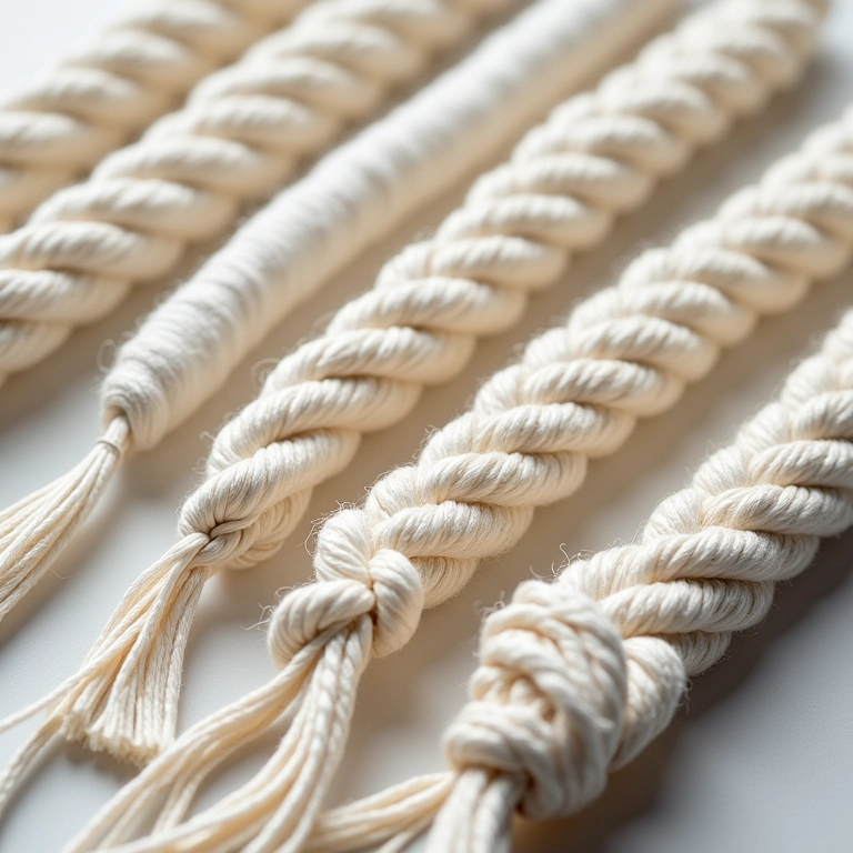 Tipos de fio para macramê: torcido, trançado e de fio único.