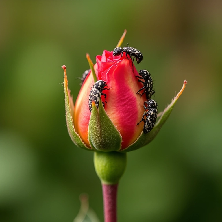 Tipos diferentes de pulgões em galho de rosa.