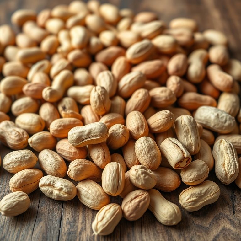 Tipos variados de amendoim dispostos em madeira, destaque para a qualidade.