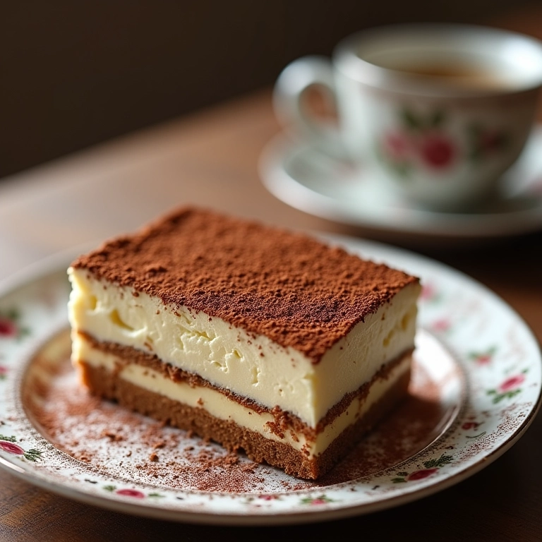 Tiramisu caseiro polvilhado com cacau.