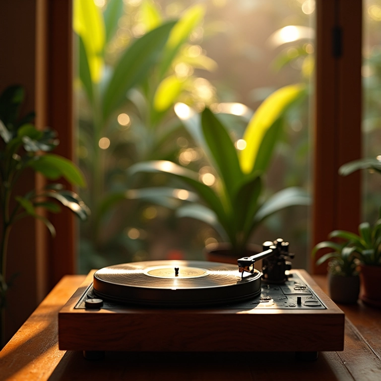 Toca-discos vintage tocando reggae en español em ambiente brasileiro.