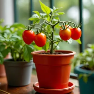 Tomate cereja em vaso, varanda ensolarada.