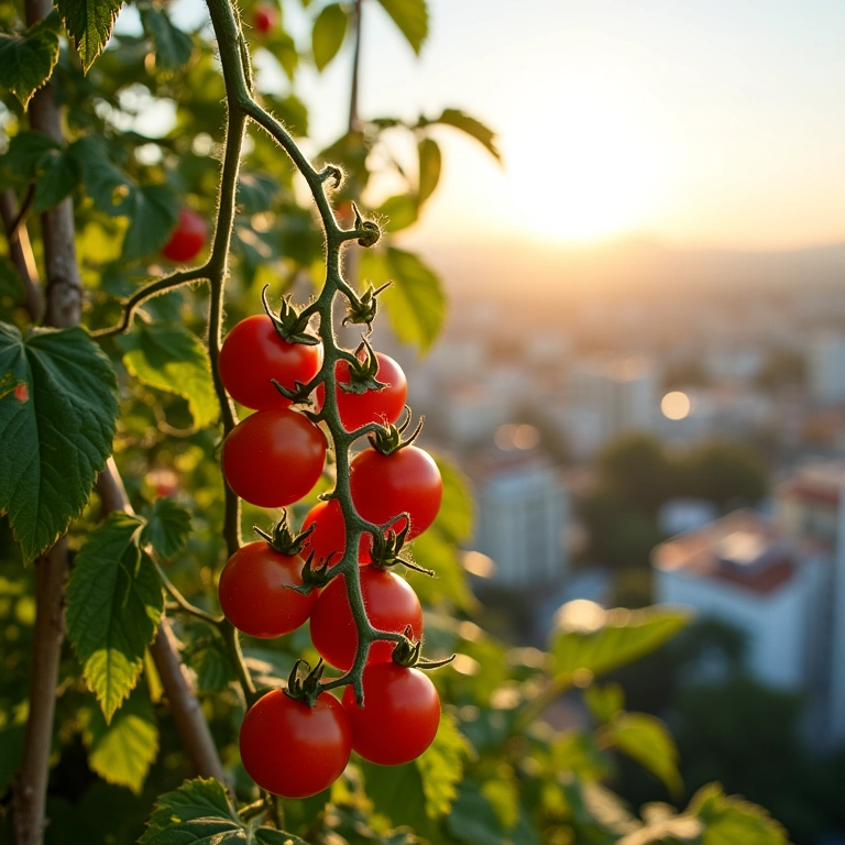 Tomate italiano em vaso com vista para cidade brasileira.