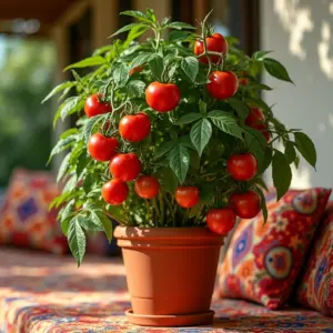 Tomate italiano maduro em vaso, varanda ensolarada.