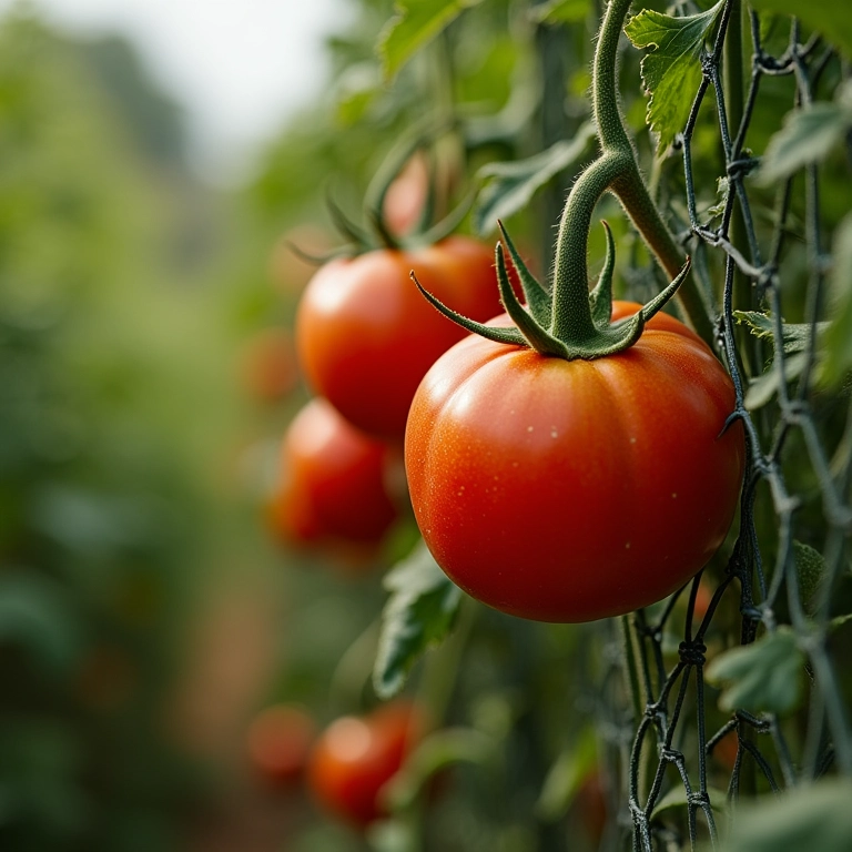 Tomateiros protegidos com tela contra pragas, tomates saudáveis visíveis.