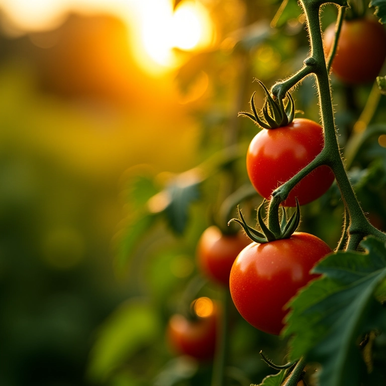 Tomateiros recebendo luz solar direta, folhas verdes e tomates amadurecendo.