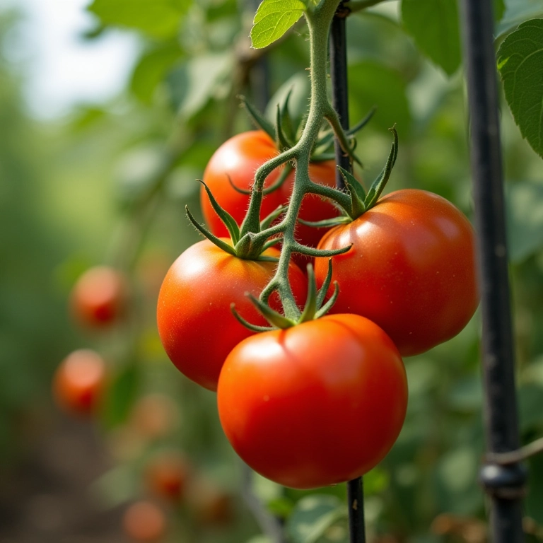 Tomateiros tutorados com estacas, crescimento saudável e tomates pendurados.