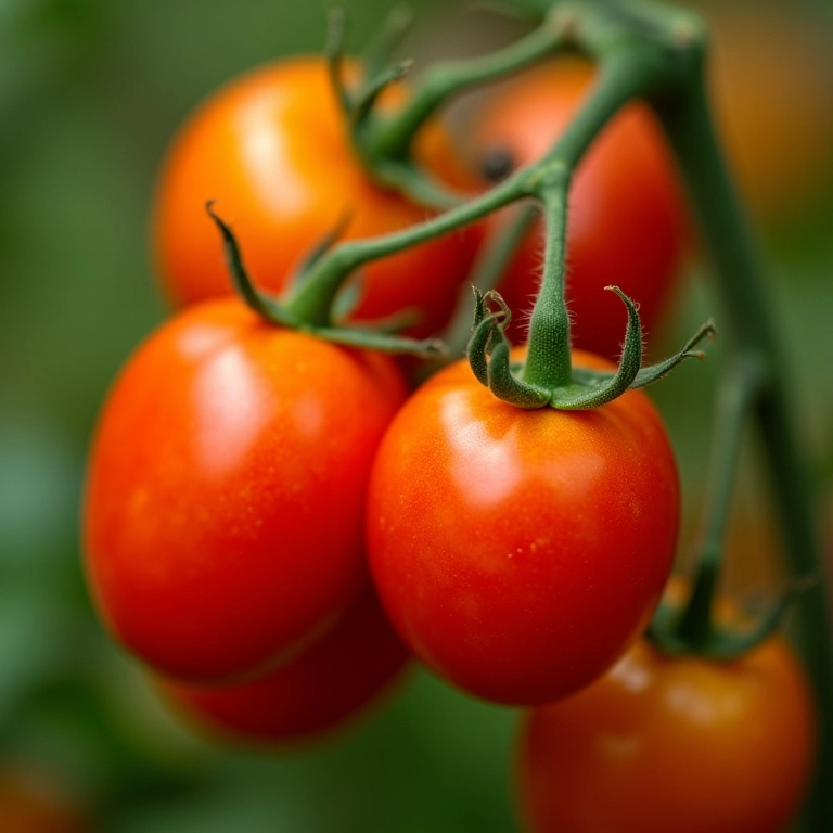 Tomates cereja maduros e suculentos na horta de verão.
