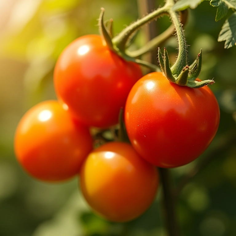 Tomates cereja maduros em horta de apartamento com sol da tarde.