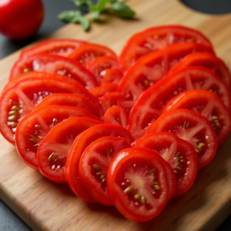 Tomates fatiados em formato de coração, simbolizando os benefícios para a saúde do coração.