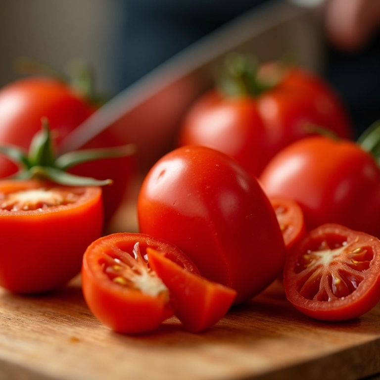 Tomates italianos frescos sendo picados para molho.