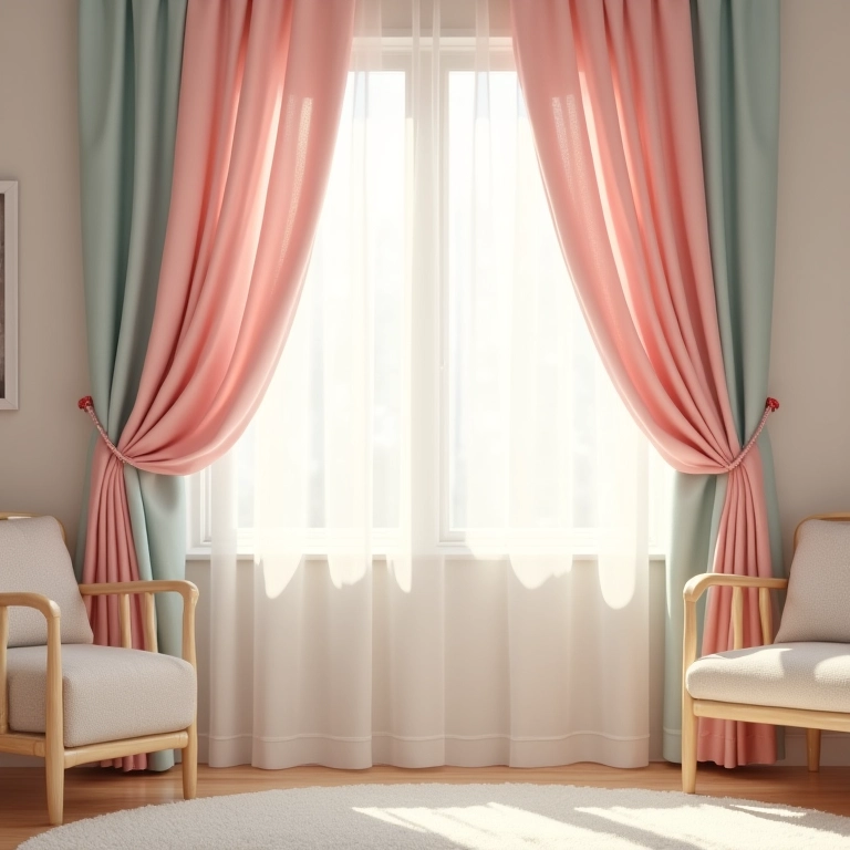 Tons pastel nas cortinas do quarto do bebê, ambiente calmo e aconchegante.