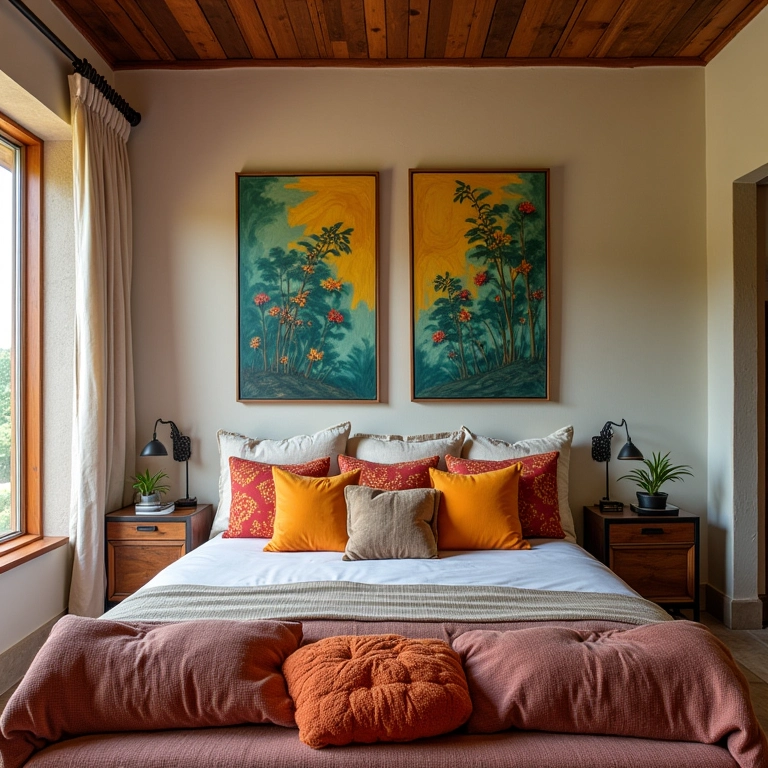 Toques de cor em rancho: almofadas coloridas e pinturas brasileiras em quarto com iluminação natural.
