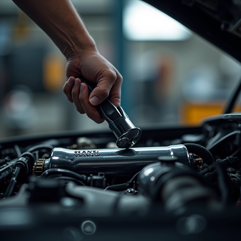 Torquímetro King Tony sendo utilizado em um motor de carro em oficina.