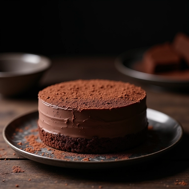 Torta de liquidificador de chocolate polvilhada com cacau.