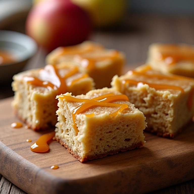 Torta de liquidificador de maçã com nozes e calda de caramelo.