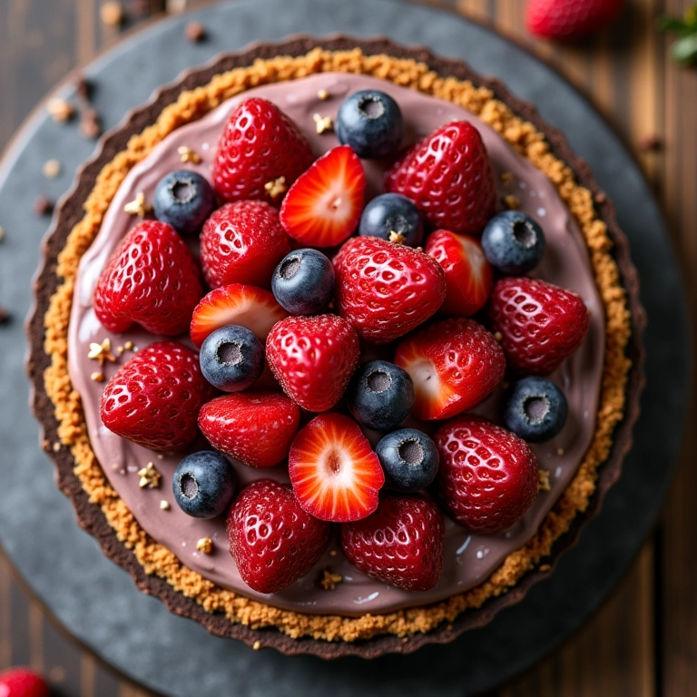 Torta de liquidificador doce com recheios de chocolate e frutas.